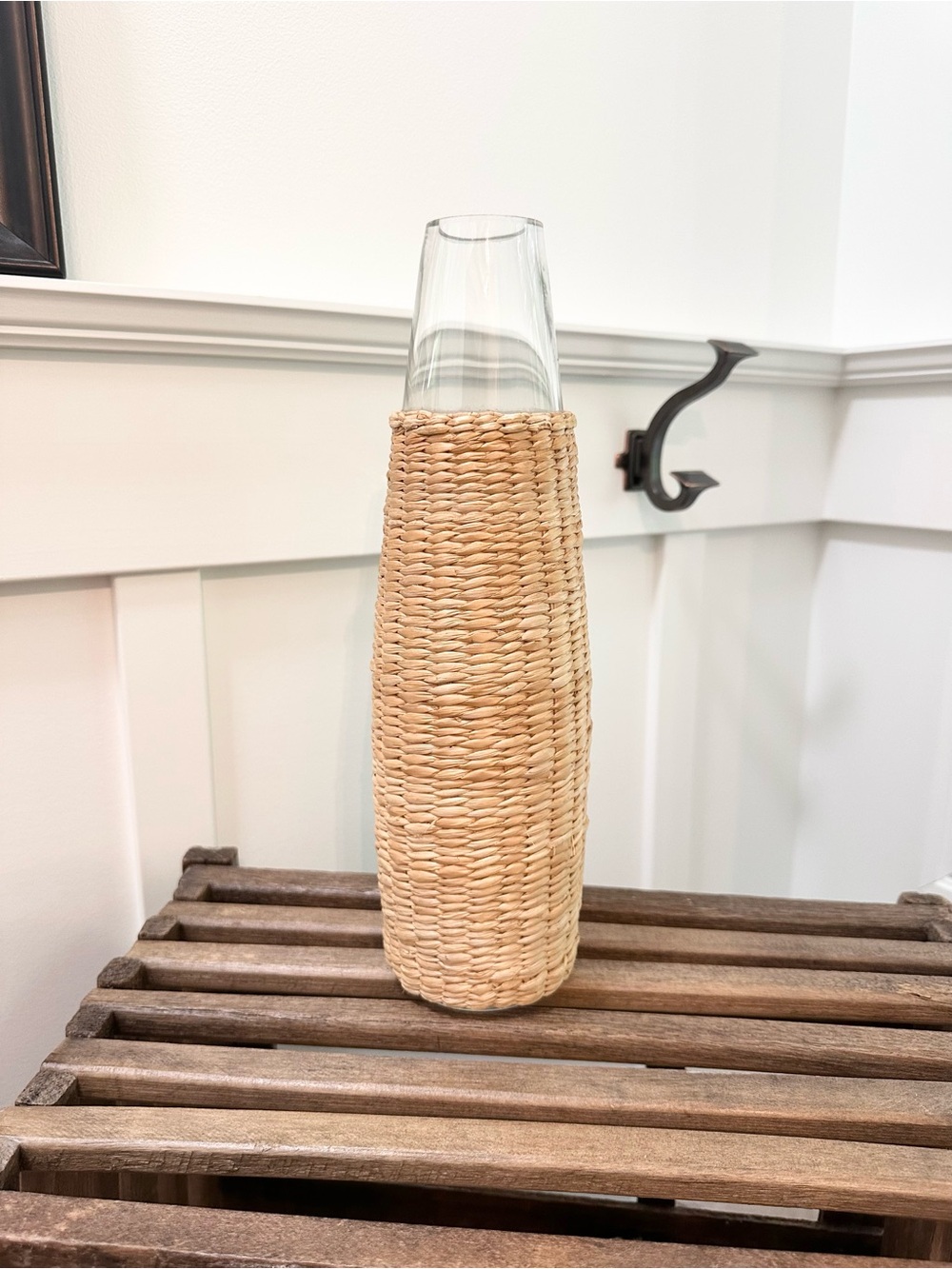 Woven Natural Rattan Seagrass Wrapped Vase with Clear Tall Glass Insert 14” vase